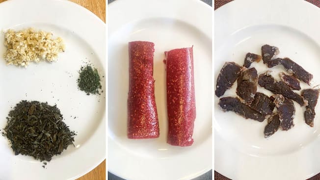 dried herbs, fruit leather and beef jerky