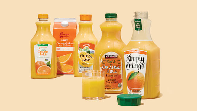 various orange juice products from different brands