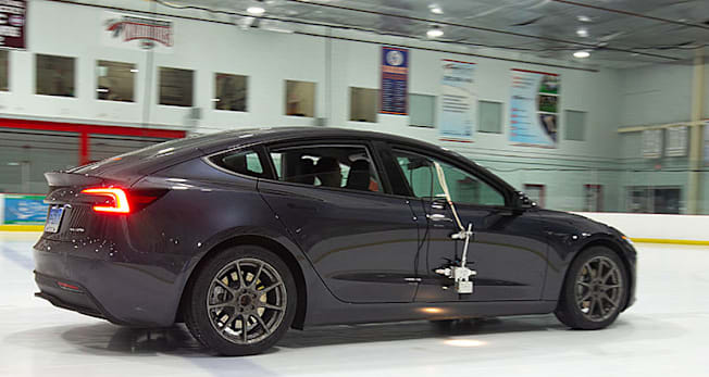 Tesla Model 3 in EV tire testing on ice rink