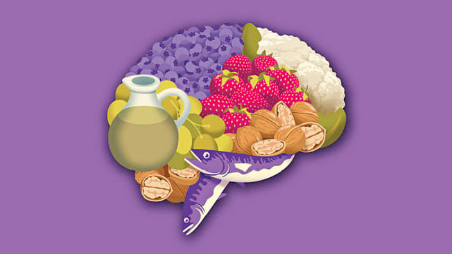 Illustration of a shape of a brain made up of different food items