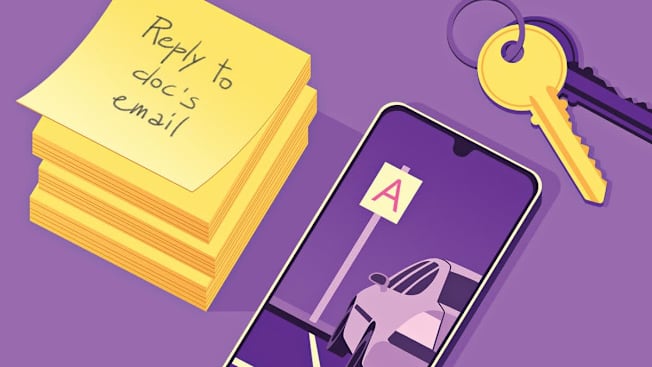 Illustration of stack of post-it notes, cellphone and keys