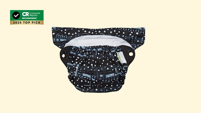 bumGenius Freetime 2.0 All In One reusable diaper on pale yellow background with CR Recommended 2025 Top Pick graphic in corner