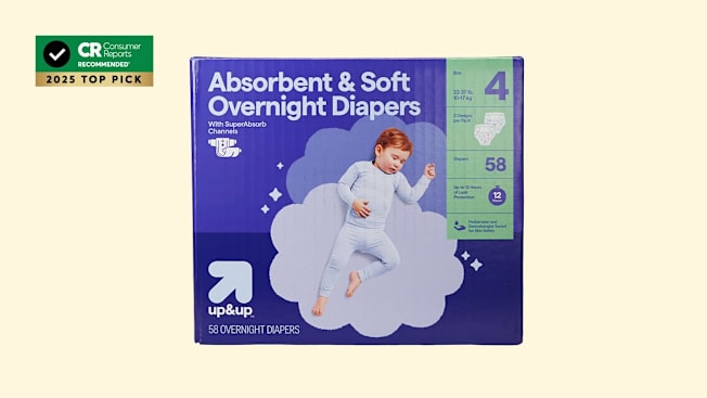 Target Up&Up Overnight Diapers on pale yellow background with CR Recommended 2025 Top Pick graphic in corner