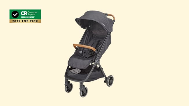 Nuna Trvl LX on pale yellow background with CR Recommended 2025 Top Pick graphic in corner