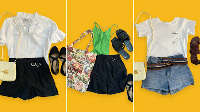 Various clothing pieces laid out in different outfits, with a few elements repeated.
