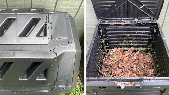 split showing VIVOSUN Outdoor Tumbling Composter with leak on the left side and looking inside F2C Garden Compost Bin filled with leaves on the right side