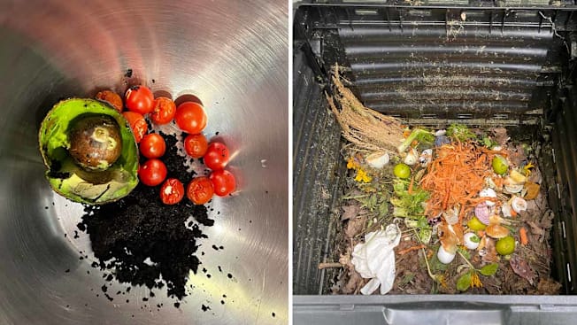 split showing bowl of food scraps (coffee grounds, avocado pit and skins, and cherry tomatoes) on the left side and looking inside F2C Garden Compost Bin filled with food scraps on the right side