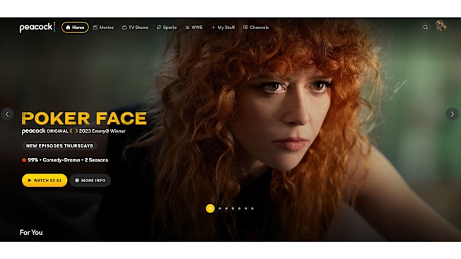 Poker Face displayed on the Peacock app screen.