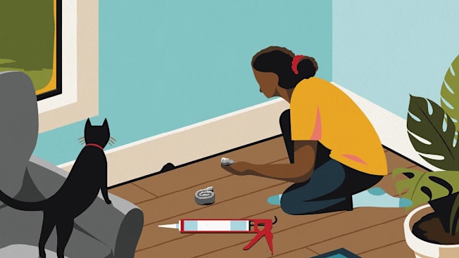 Illustration of a woman crouched down in a corner fixing a hole in the wall with steel wool