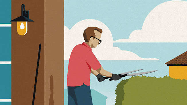 Illustration of man clipping shrubs near a house