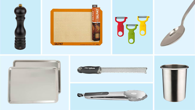 Clockwise from center: Silpat baking sheets,  Ikon Peeler, Gray Kunz Sauce Spoon, Bain Marie, OXO Tongs, Microplane, Half-sheet pan, and Peugeot Peppermill