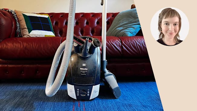 Angela's Miele vacuum cleaner sitting next to a couch in her living room, a portrait of Angela.