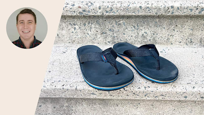 A portrait of Jamison Hermann and a snapshot of his Classic Rubber Rainbow Sandals outside on cement steps.