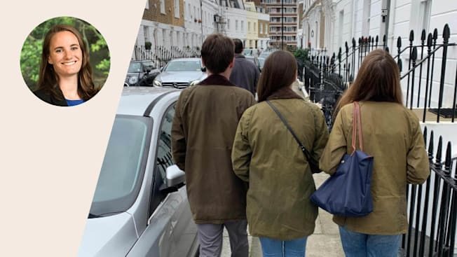 A portrait of Emma Pyle and a snapshot of the backs of three people wearing Barbour coats walking on a street in England.
