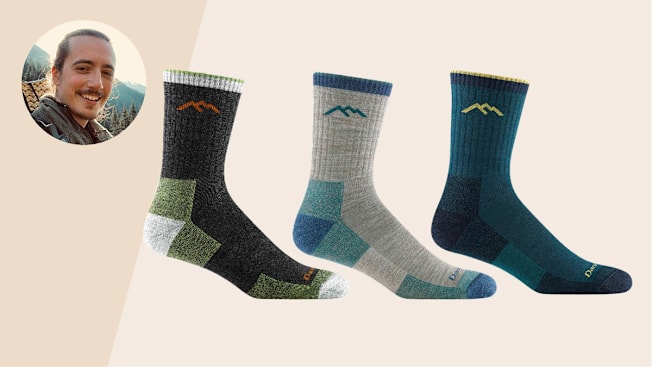 A portrait of Erik Maxwell and the Darn Tough Hiking Sock in three different colors.