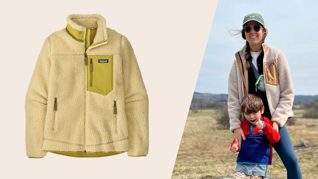 The Patagonia Retro-X Fleece Jacket and a portrait of Jessica Waller and her child wearing Patagonia jackets.