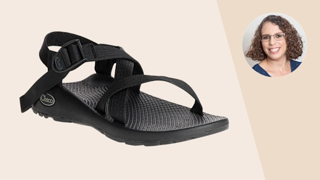A black Chaco Classic Z Adjustable Strap sandal and a portrait of Yael Grauer