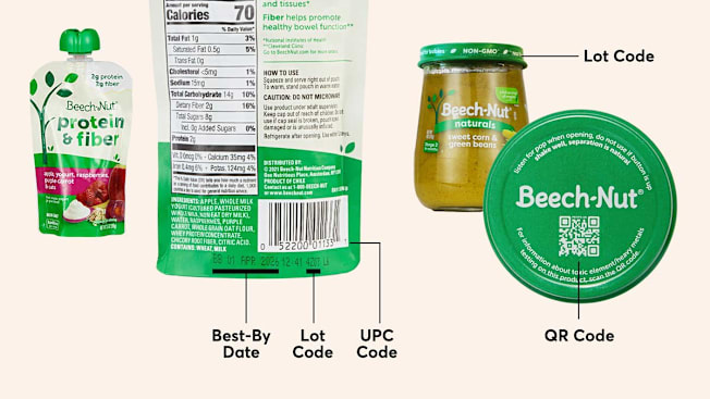 Beech-Nut baby food pouch and jar with labels pointing to best-by date, lot code, UPC code, and QR code for product information