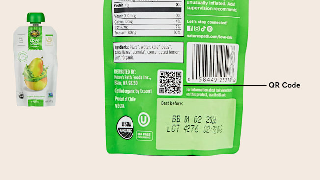 Love Child baby food pouch with close-up showing QR code