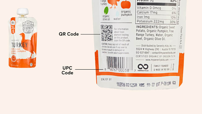 Serenity Kids baby food pouch with close-up showing QR code and UPC code on the back of the package.