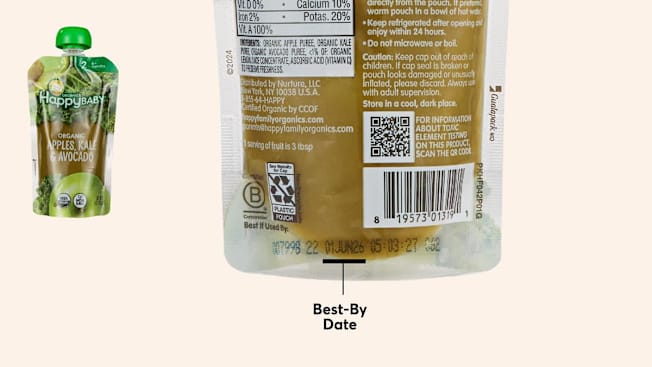 HappyBaby baby food pouch with close-up highlighting the best-by date printed near the bottom of the packaging