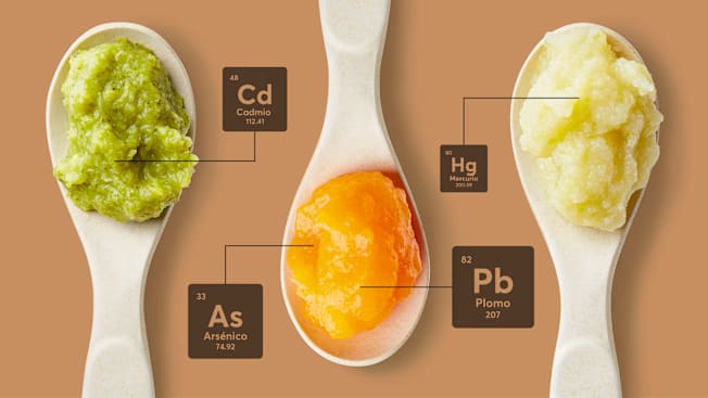 Three spoons of baby food (green, orange, yellow) labeled with toxic metals in Spanish:
Cadmium (Cd), Arsenic (As) and Mercury (Hg), Lead (Pb)