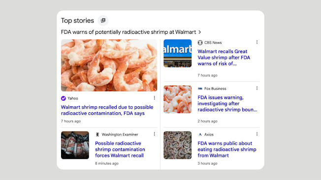 Screenshot of Google Top Stories showing multiple news headlines about the FDA warning of potentially radioactive shrimp sold at Walmart,