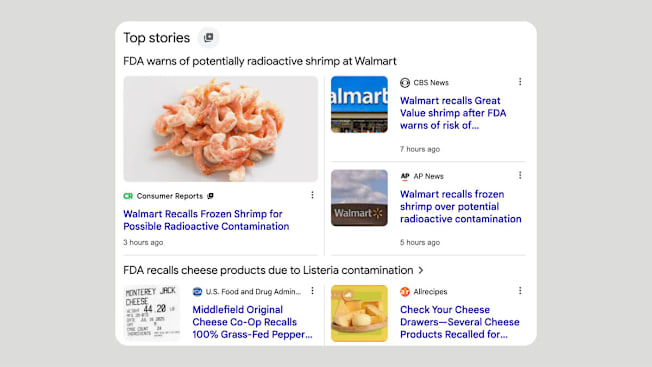 Screenshot of Google Top Stories showing multiple news headlines about the FDA warning of potentially radioactive shrimp sold at Walmart,