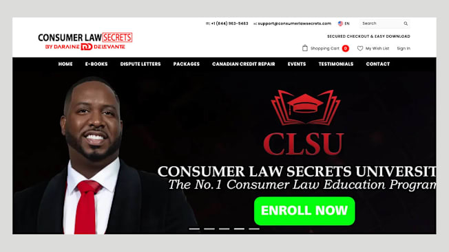 Website homepage for Consumer Law Secrets by Daraine Delevante.