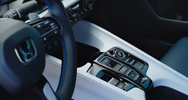 White 2026 Honda Prelude interior detail showing push-button gear selector