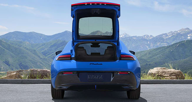 Blue 2026 Honda Prelude with rear hatch open
