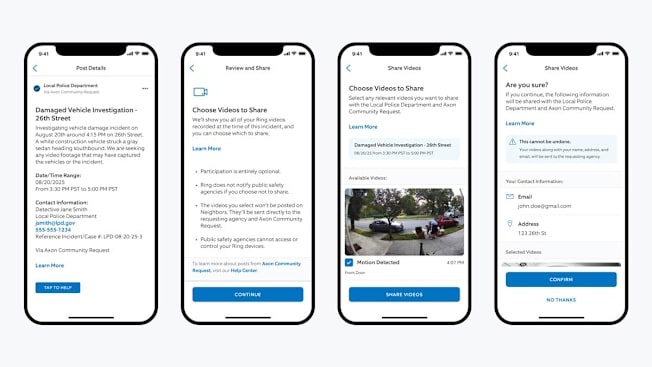 Four phones demonstrating how Ring's new Community Requests tool works.