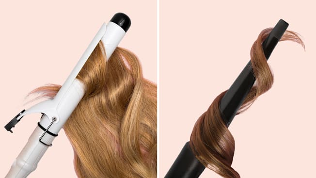 Hair wrapped around curling iron on left, hair wrapped around curling wand on right