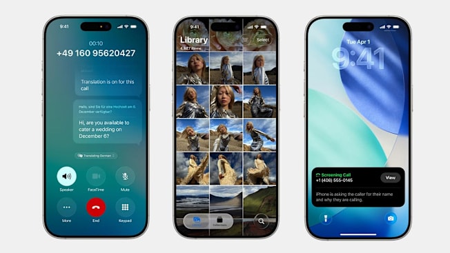 three iPhones each showing a different screenshot with an iOS 26 feature (live translate, photo library, and screening call feature) on grey background