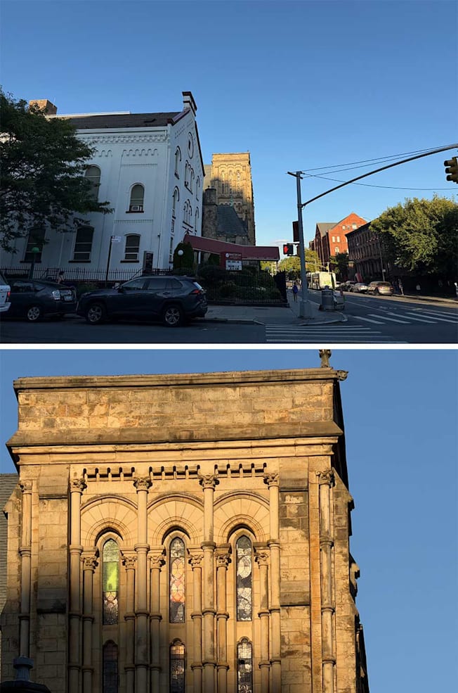 A photo taken with an iphone 17 of a city street scene next to a photo of the same street scene zoomed in on a detail of a church.
