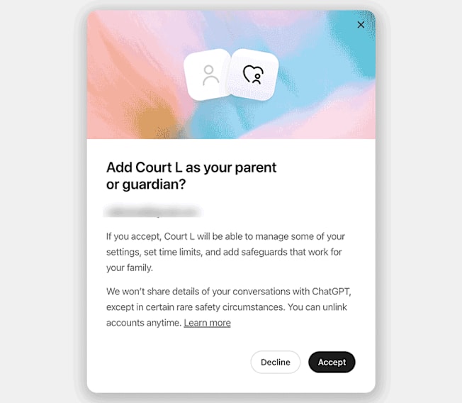 Dialogue box from Chat GPT asking whether to add someone as a parent or guardian.