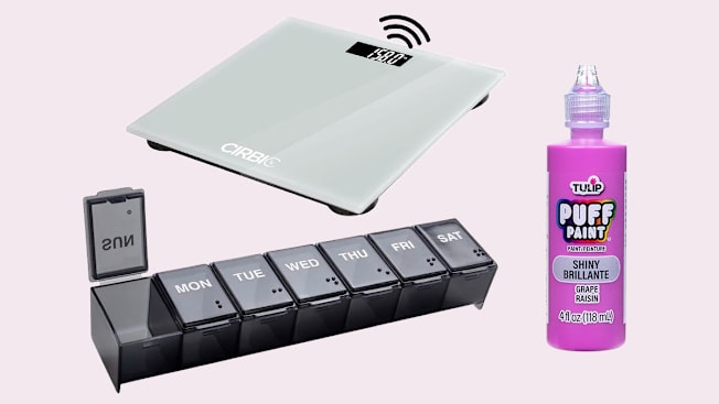 Clockwise from left: Weekly pill organizer with imprinted Braille, a speaking scale, and a tube of puff paint.