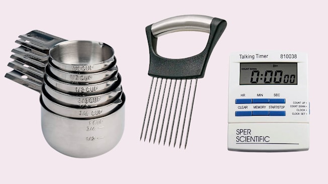 Metal stainless steel measuring cups with tactile amounts, safe chopping guide, and a talking timer.