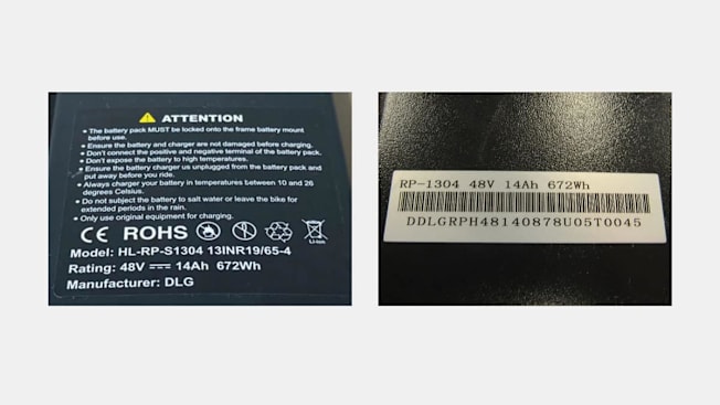 split image of two Lithium-ion battery labels for Rad Power Bikes e-bikes (back view; some units only)