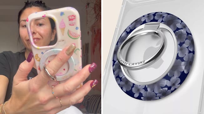 split image showing detail of person holding phone case with Velvet Caviar MagSafe Grip and grip on phone against beige background