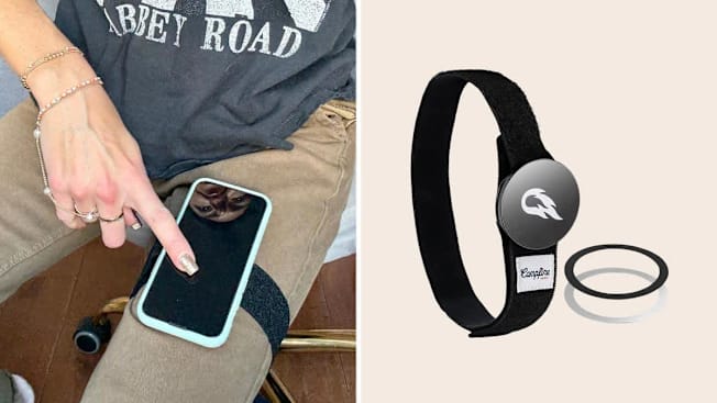 split image showing detail of person using phone with Campfire Hero Magnetic Thigh Mount and thigh mount on beige background