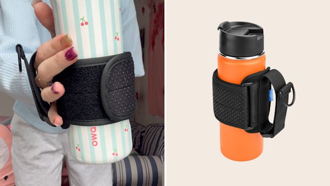 split image showing detail of person holding water bottle with Xxerciz Water Bottle Carrier Holder and water bottle carrier with bottle on beige background