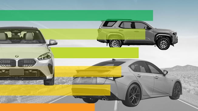 photo illustration of Toyota 4Runner, Lexus IS, and BMW 2 Series with graphic horizontal lines and desert landscape in background