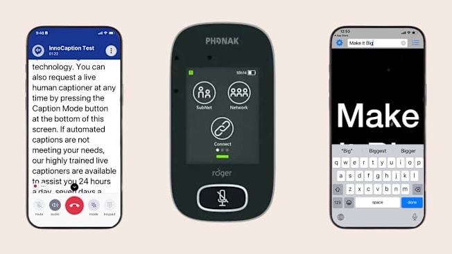 Smartphone with the InnoCaption app, Phonak Roger Touchscreen Mic 3, and smartphone with Make It Big app.
