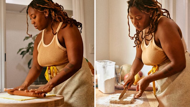 Camari Mick rolling and slicing dough in a kitchen.