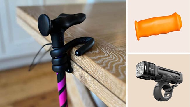 Clockwise from left: a walking stick being held by a walking stick holder to a kitchen table, a bright orange grip, a bike light that has the shape of a flashlight.