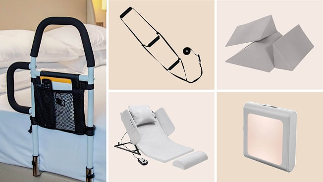 Clockwise from left: a bed rail attached to the side of a bed, a bed ladder, three triangular wedges, a square nightlight, and an elevated back rest.