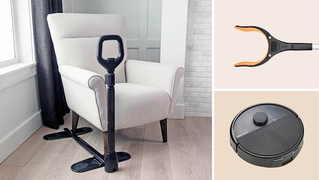 Clockwise from left: a Stander couch cane standing next to an armchair, detail from the grabbing end of a grabber tool, an iRobot Roomba Max 705.