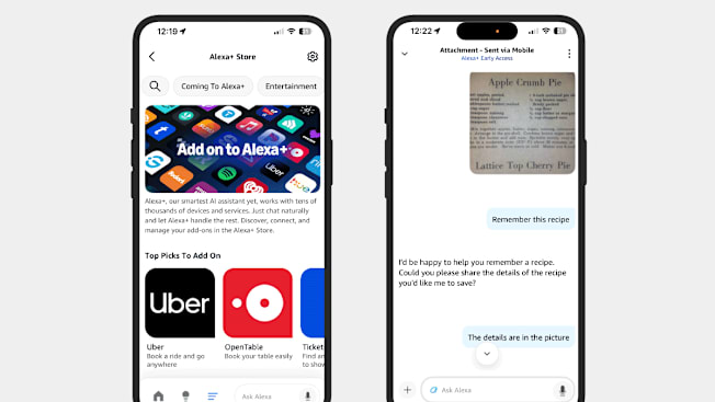 Screenshots from the Alexa app. One shows the apps that the app works with (including Uber and OpenTable). The other shows a conversation between the app and the writer, with the writer asking the app to save an apple crumb pie recipe.