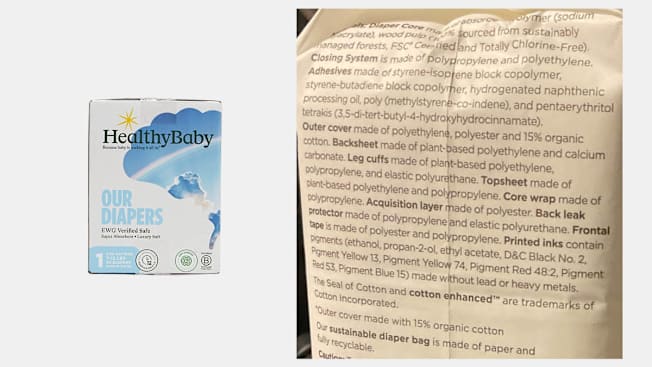 HealthyBaby diapers and the ingredients listed on the packaging.